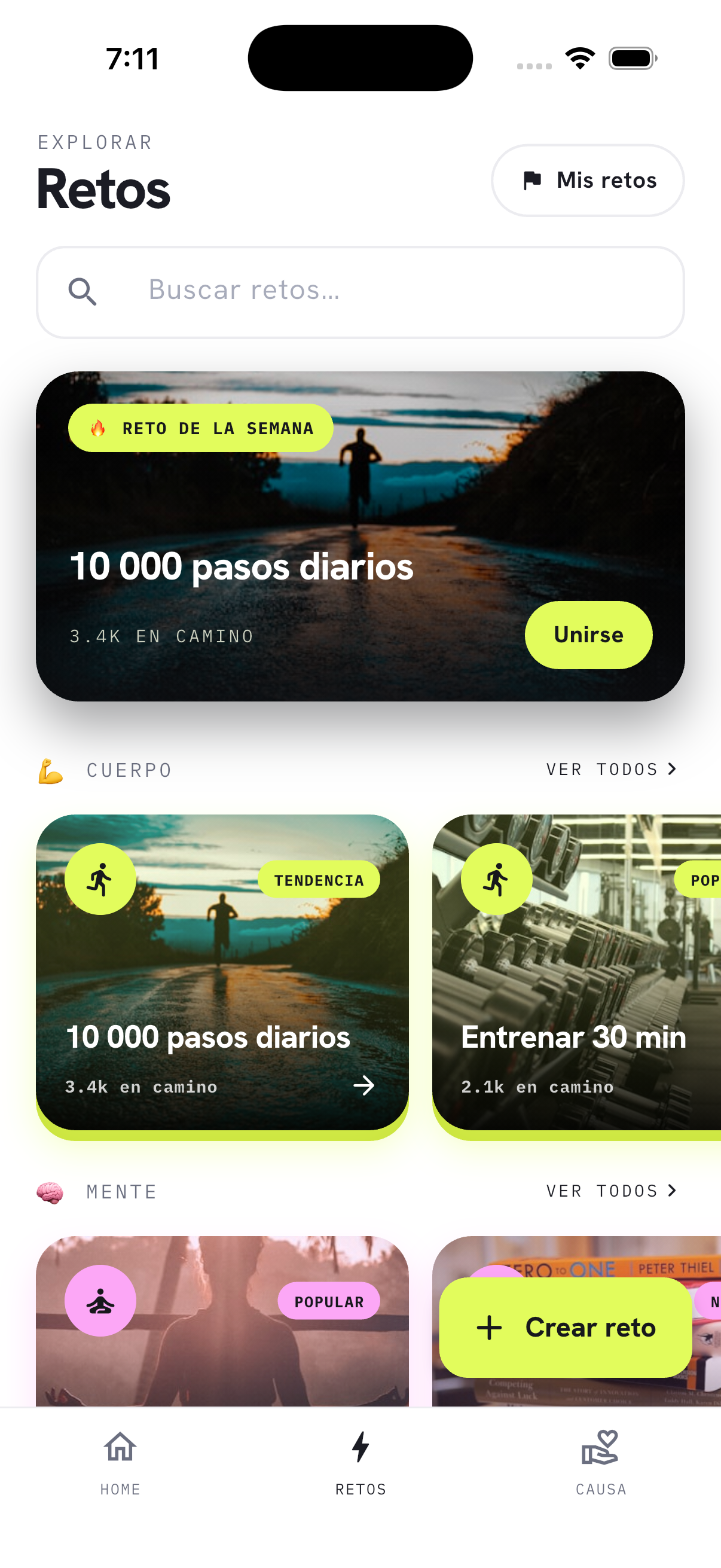 Captura de la app WIP.: Encuentra tu próximo reto