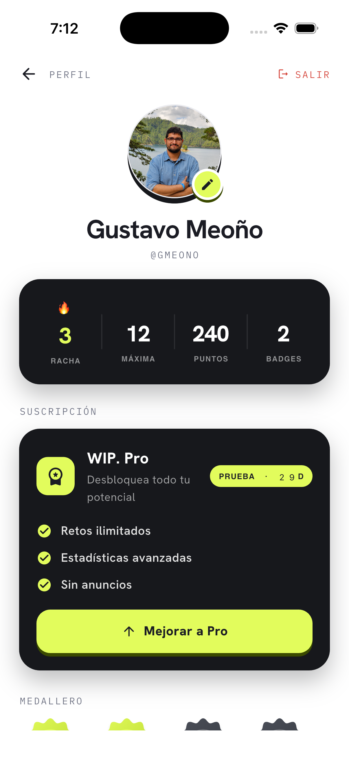 Captura de la app WIP.: Tu racha, tus logros